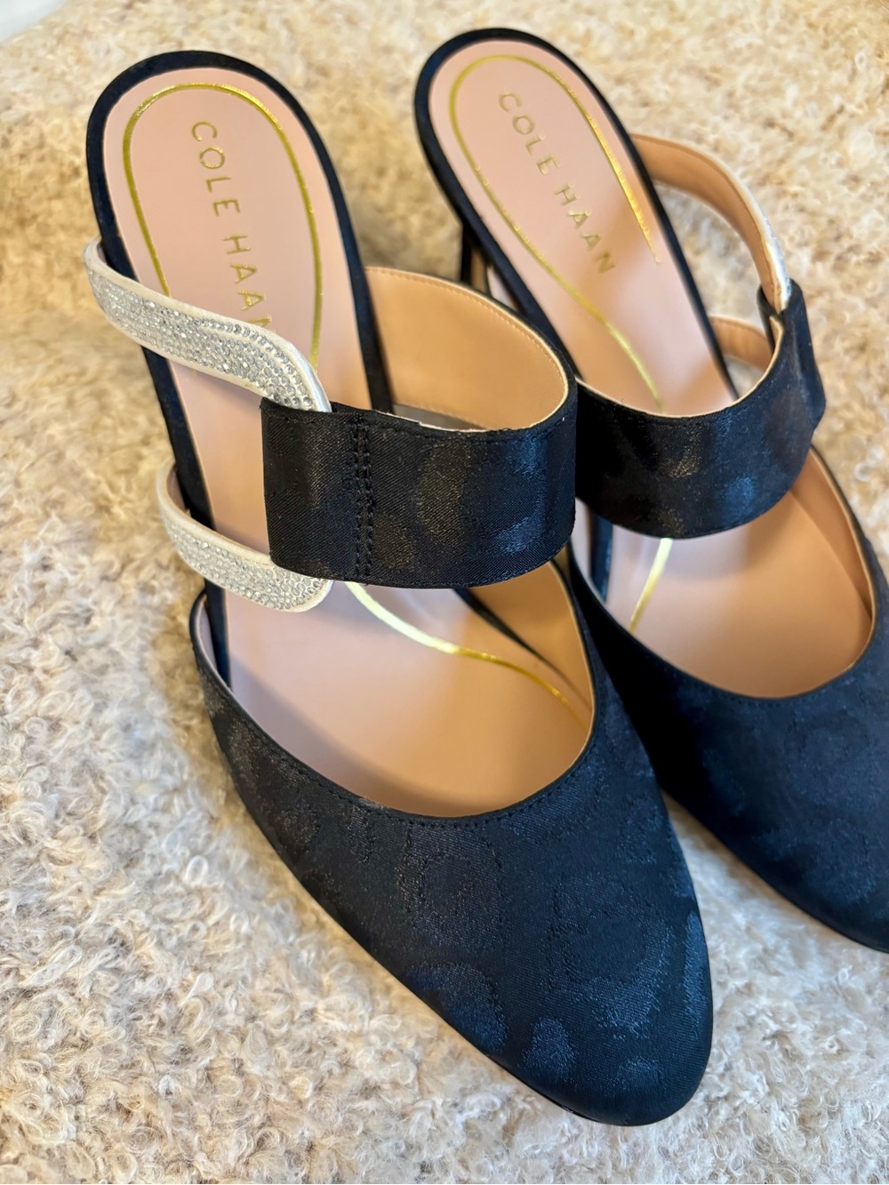 Cole Haan Black Slip-On Mules with Silver Strap Accent